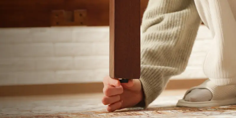 Person adjusting table leg height in cozy room with white brick wall and patterned rug
