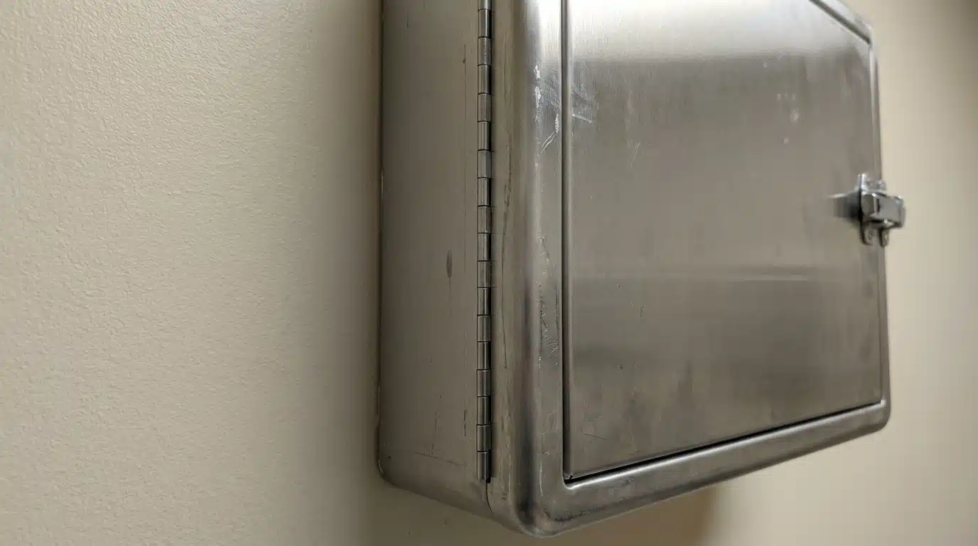 Stainless steel wall-mounted medicine cabinet with hinged door in a plain indoor setting