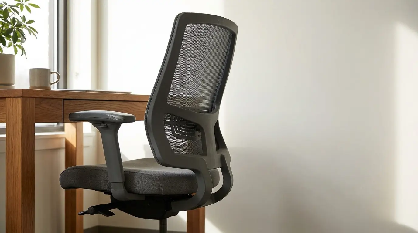 Black mesh office chair beside wooden desk with mug and plant in bright room