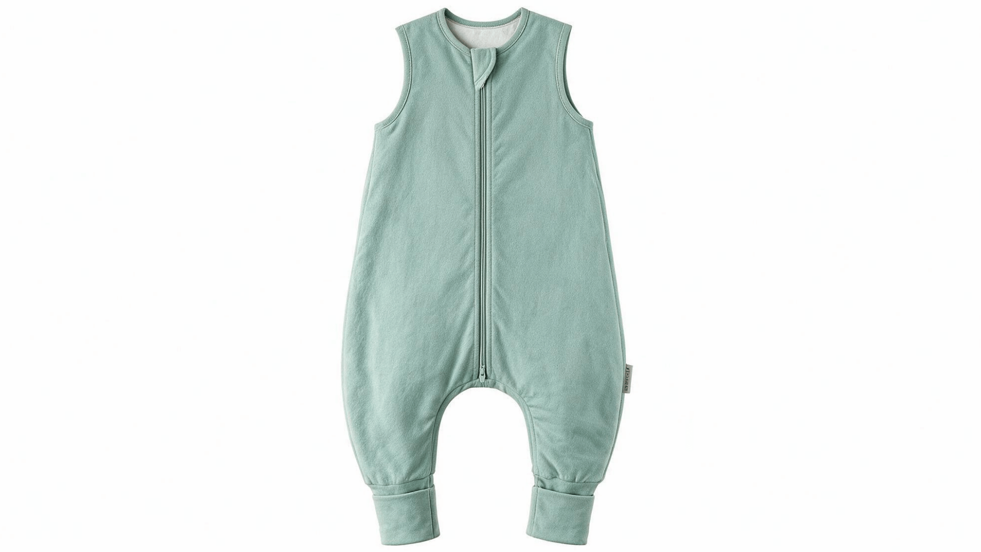 sage green sleeveless baby sleep suit with front zipper on a white background