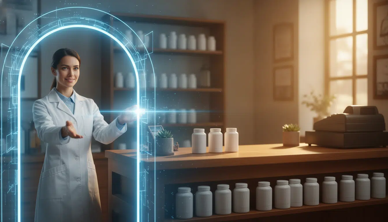 Pharmacist in lab coat interacting with digital interface in a softly lit pharmacy setting