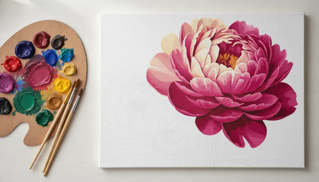 Floral painting in progress on canvas with vibrant palette of paints and brushes nearby