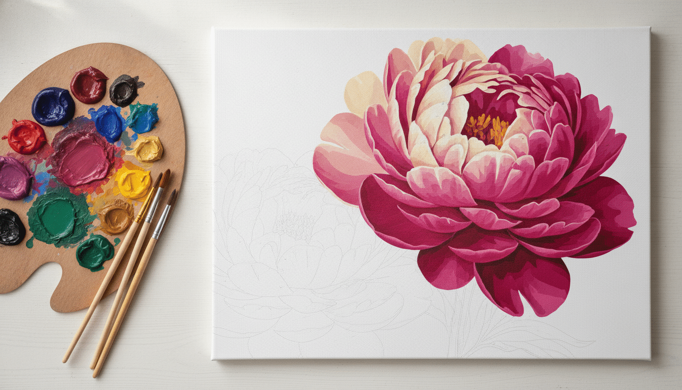 Floral painting in progress on canvas with vibrant palette of paints and brushes nearby