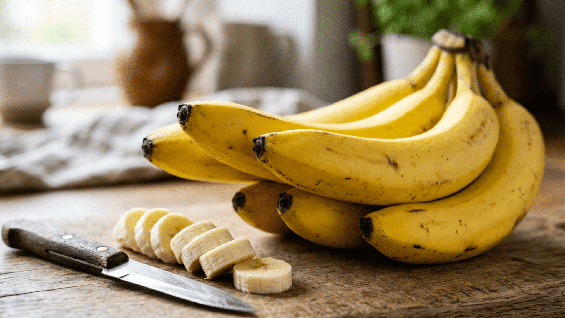 ripe bananas beside freshly sliced banana pieces and a knife on a wooden kitchen counter