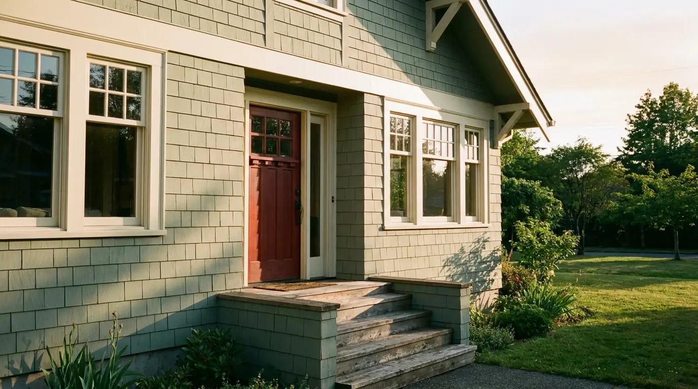 Green Craftsman-style house exterior with red front door, surrounded by lush greenery and sunlight