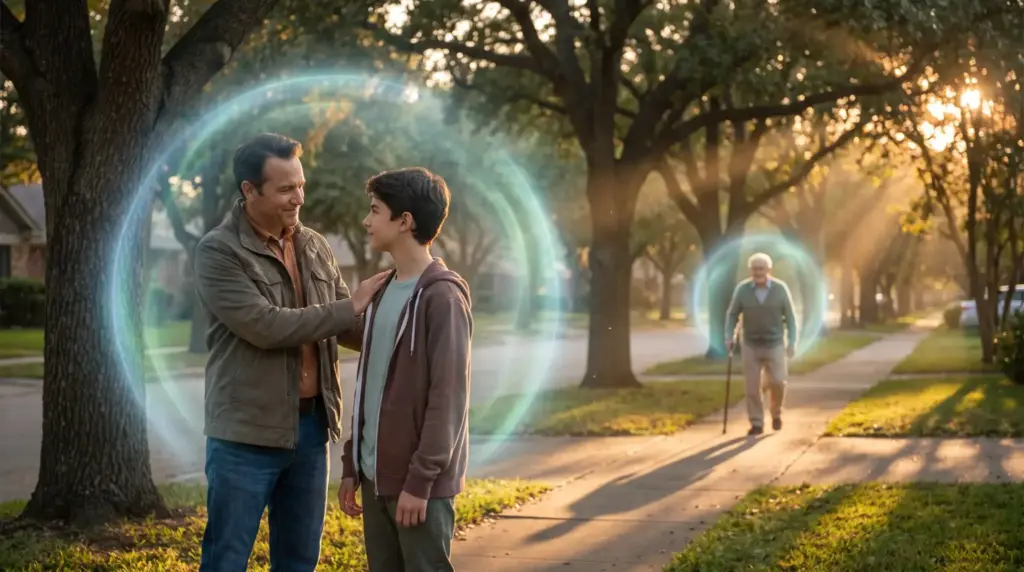 Man and boy with glowing orbs around them standing on sunny tree-lined sidewalk