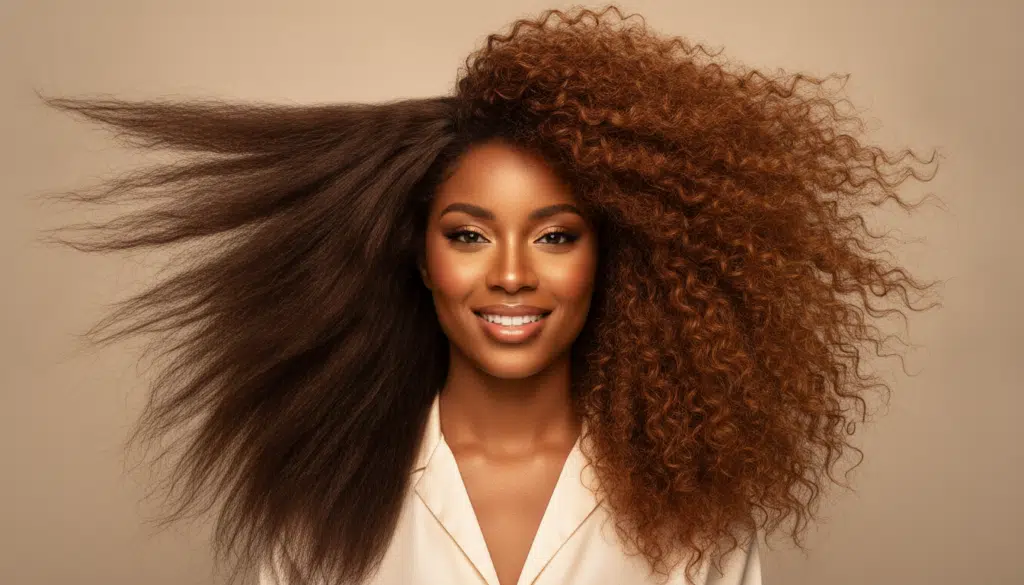 Woman with half straight, half curly hair, smiling against a neutral background