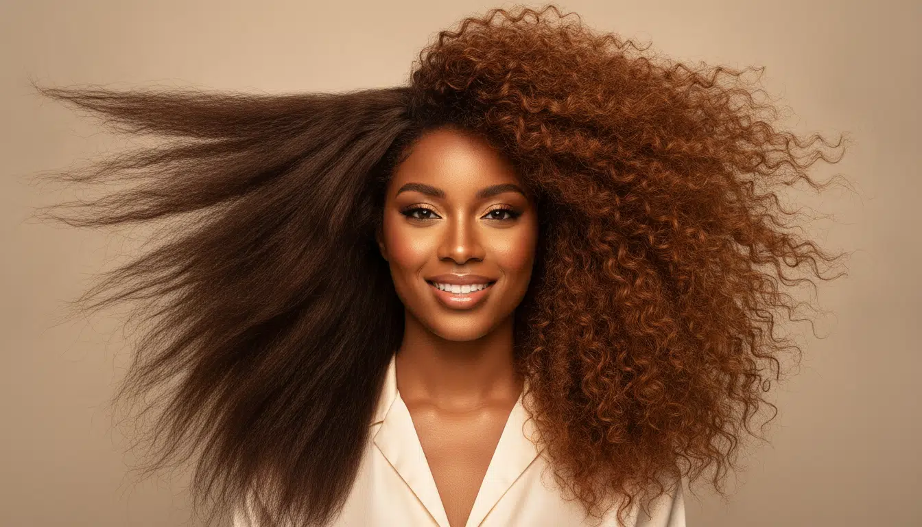 Woman with half straight, half curly hair, smiling against a neutral background