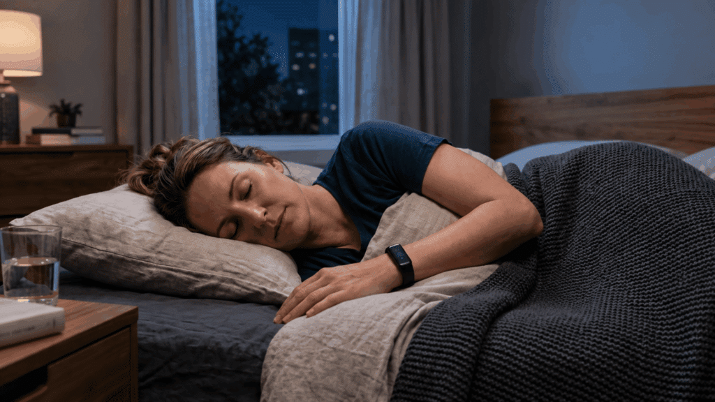 A woman sleeping on her side at night while wearing a smartwatch to track nighttime HRV.