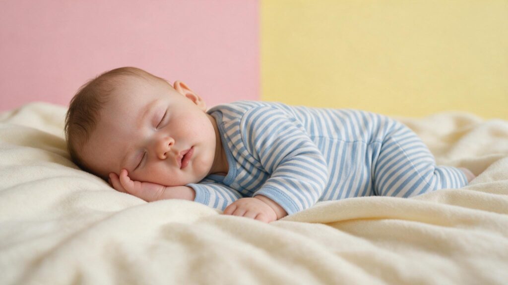 sleeping newborn in blue striped pajamas resting on a soft cream blanket