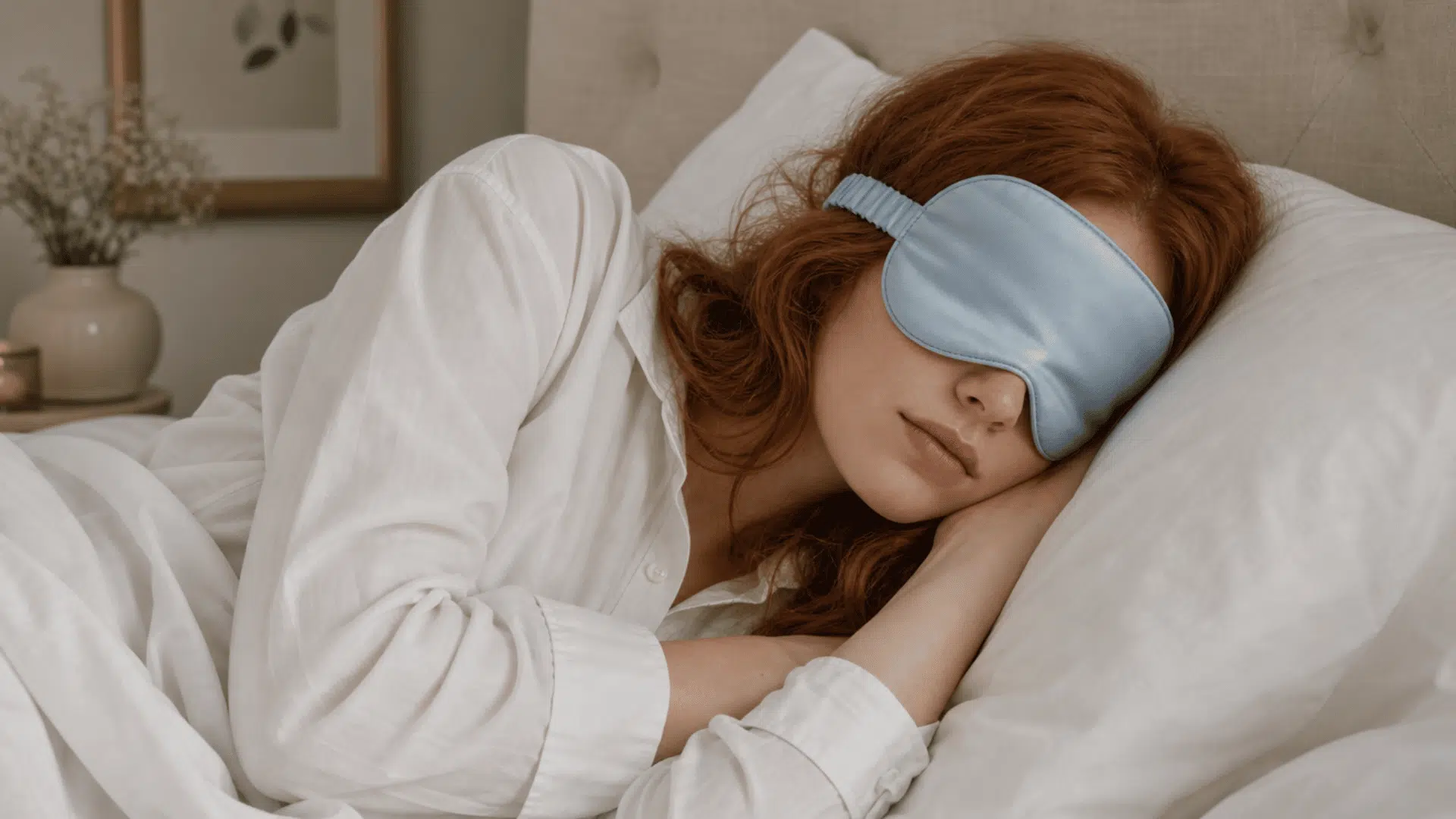 person sleeping peacefully in bed wearing a sleep mask in a cozy bedroom