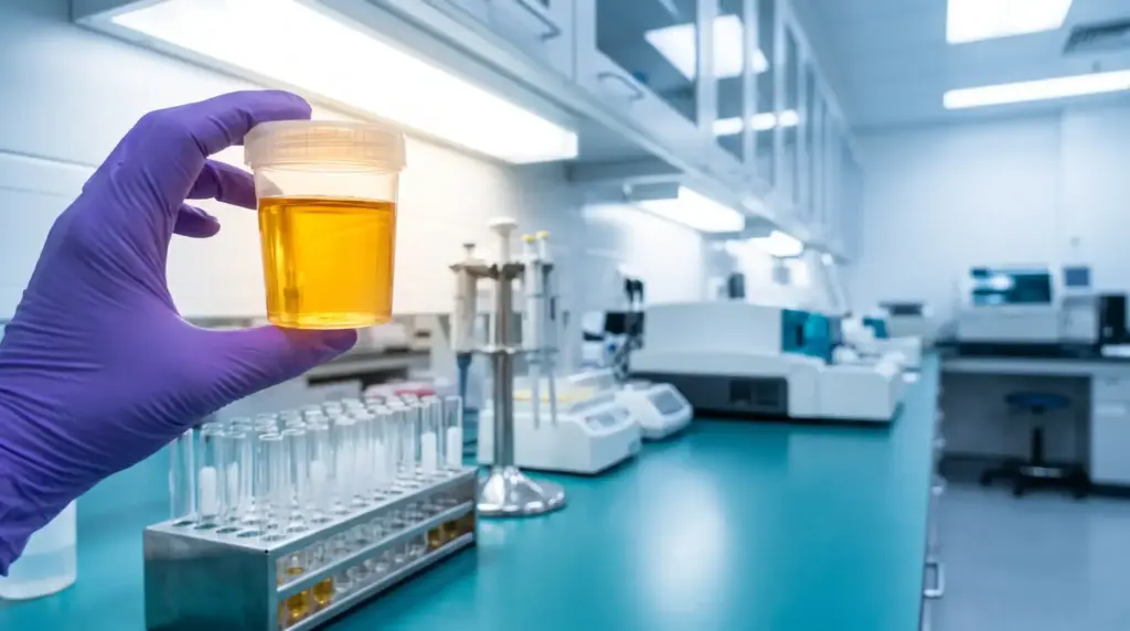 Gloved hand holding urine sample cup in a laboratory setting with equipment in background