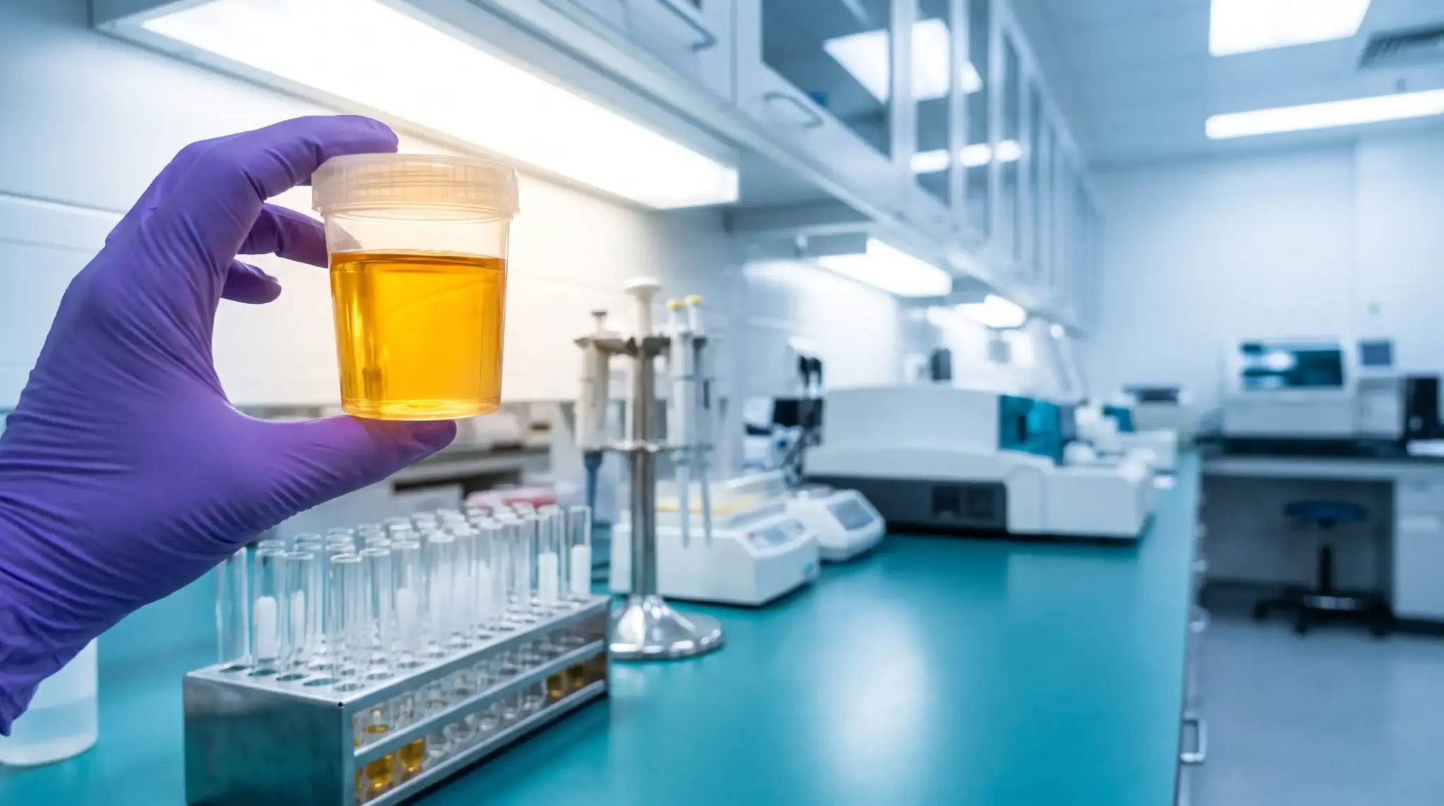 Gloved hand holding urine sample cup in a laboratory setting with equipment in background