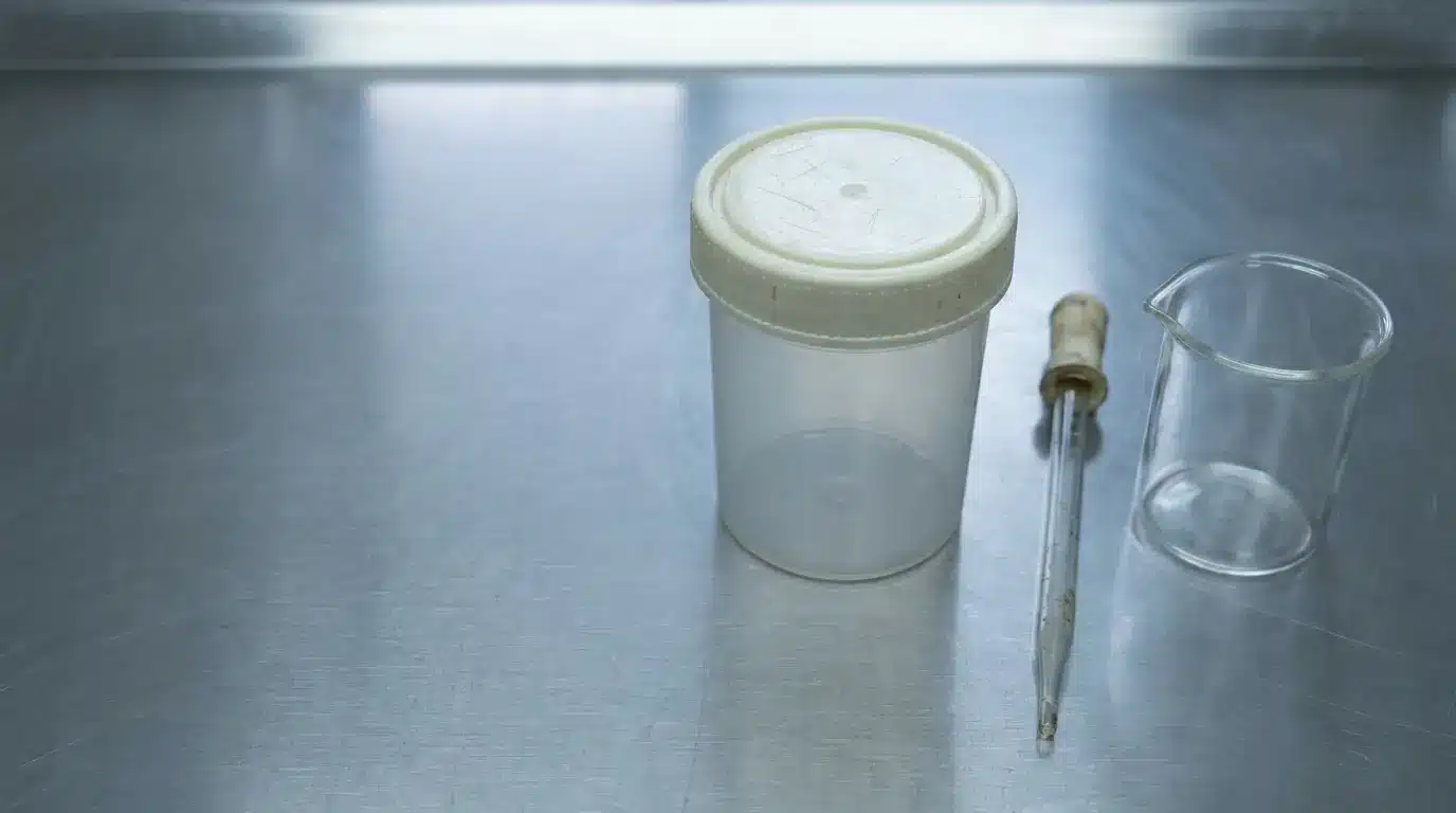 Plastic container, glass beaker, and pipette on stainless steel surface in laboratory setting