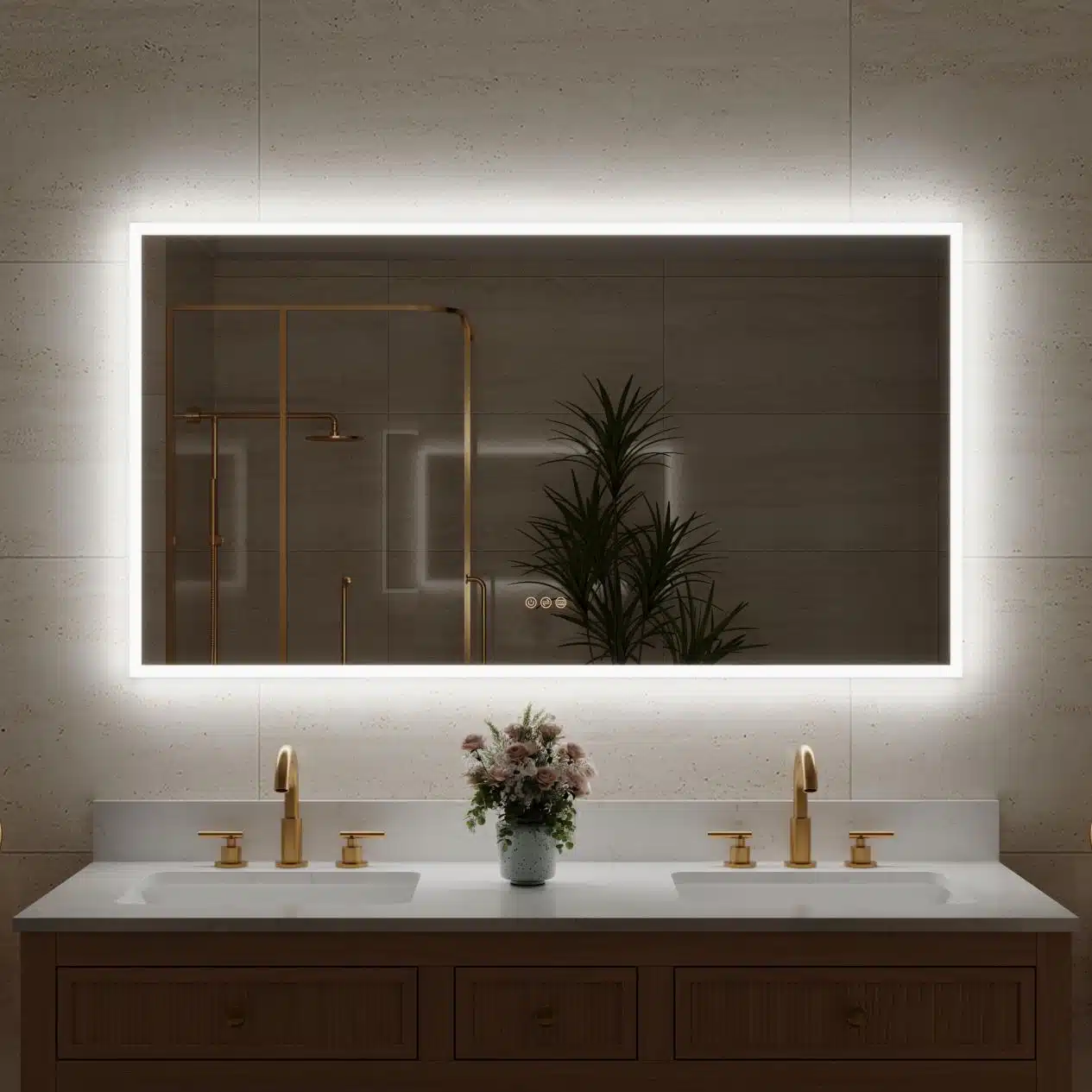 Elegant bathroom with wide illuminated mirror, double gold faucets, and flower vase on marble countertop
