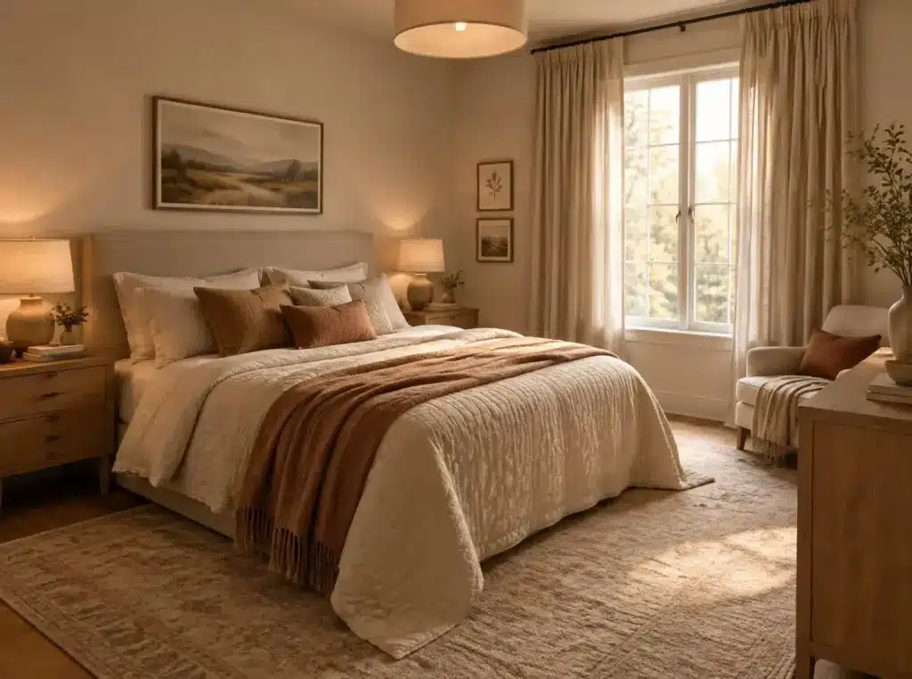 Cozy bedroom with neutral bedding, wooden furniture, and warm lighting near large window