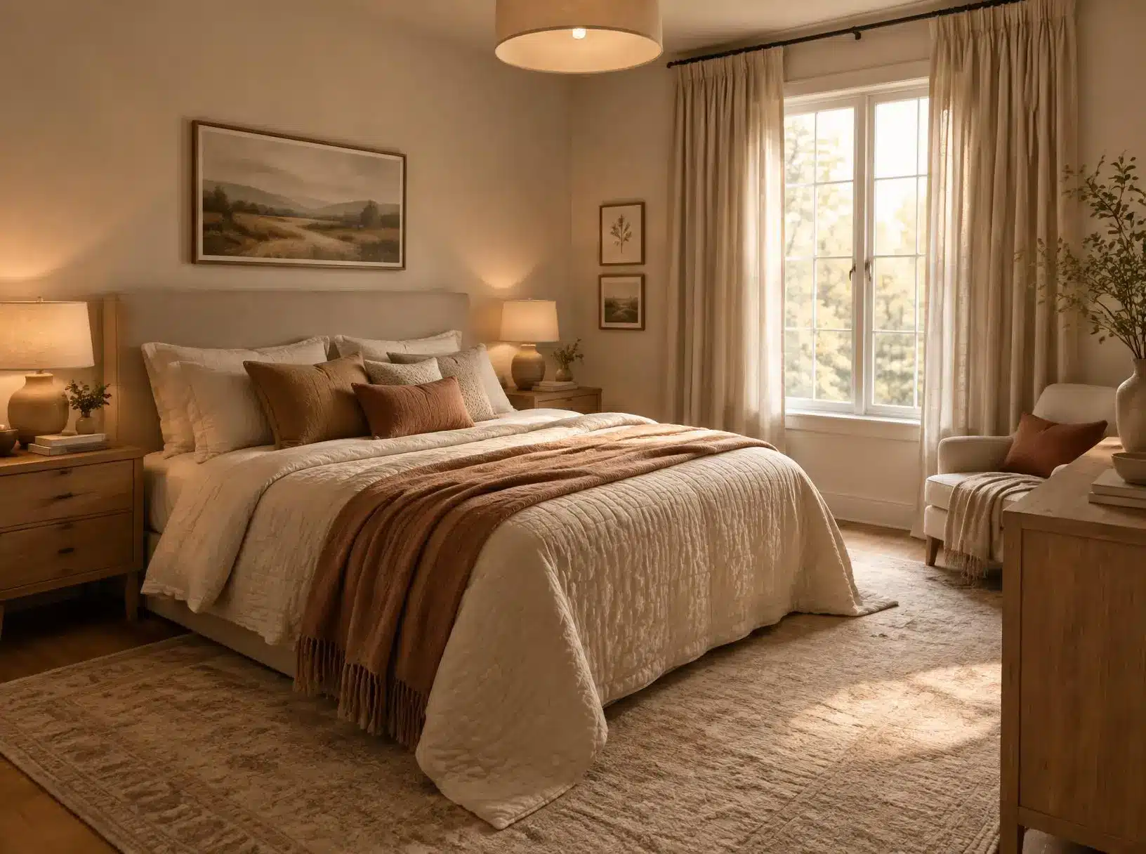 Cozy bedroom with neutral bedding, wooden furniture, and warm lighting near large window