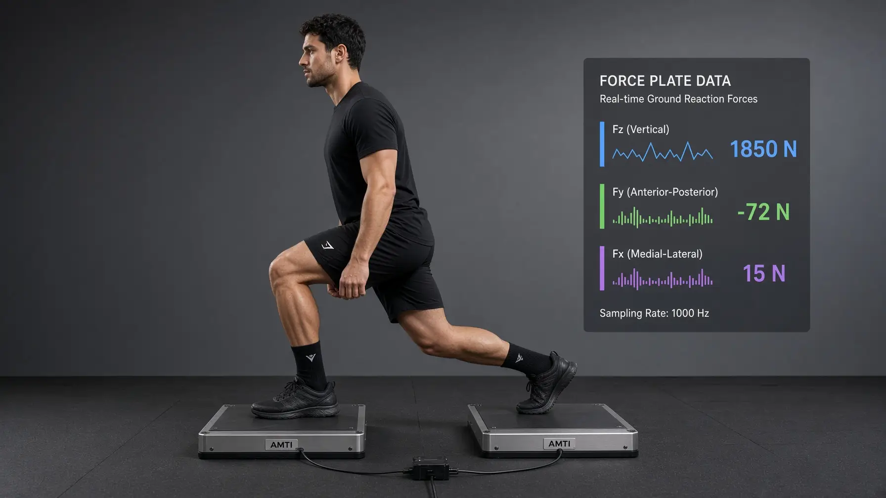 Man in black athletic wear performing lunge on force plates in a gray studio setting