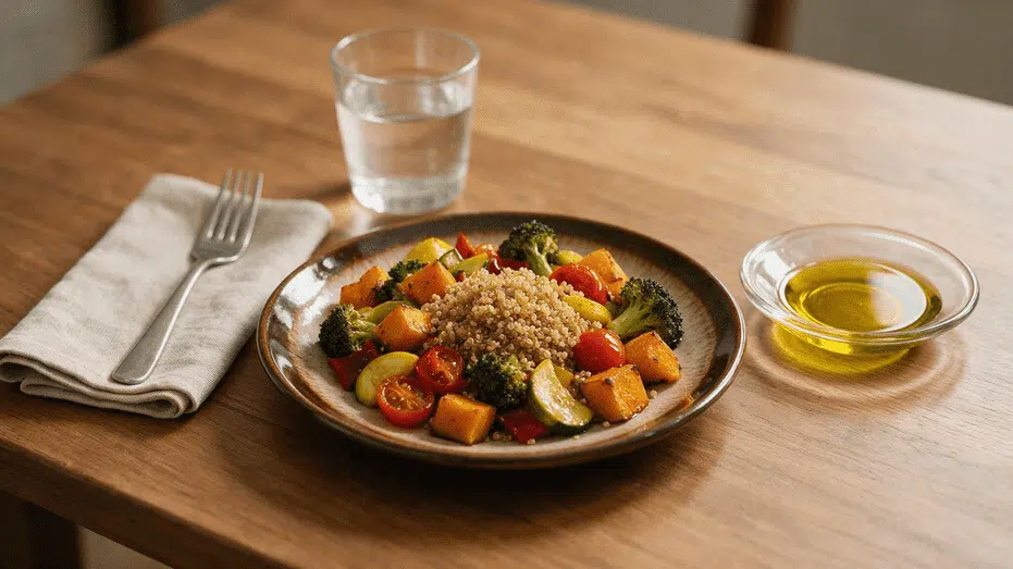 Extra virgin olive oil beside a plate of vegetables and whole grains on a dining table. 