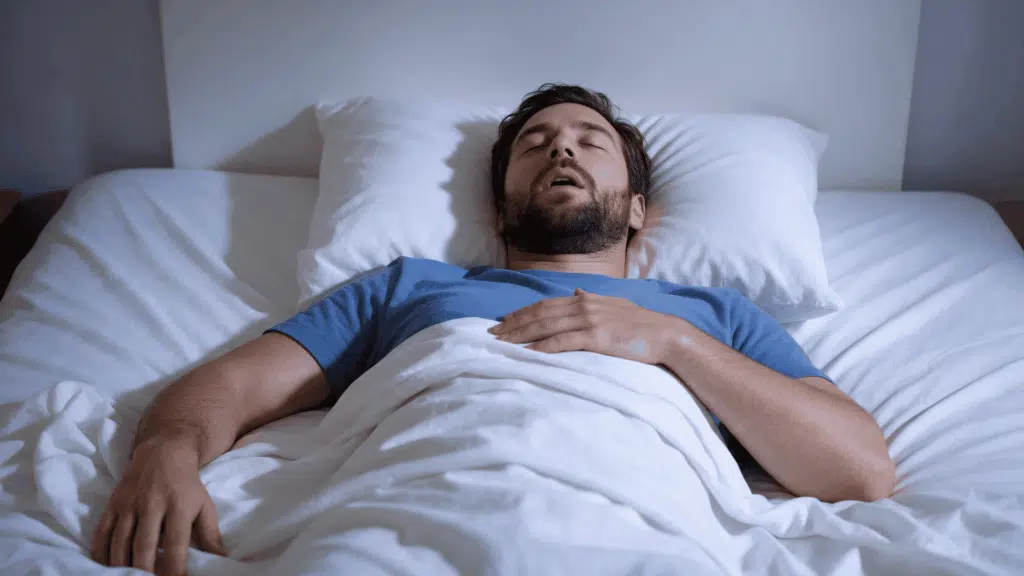 man sleeping on his back in bed with his mouth open during nighttime breathing pauses.