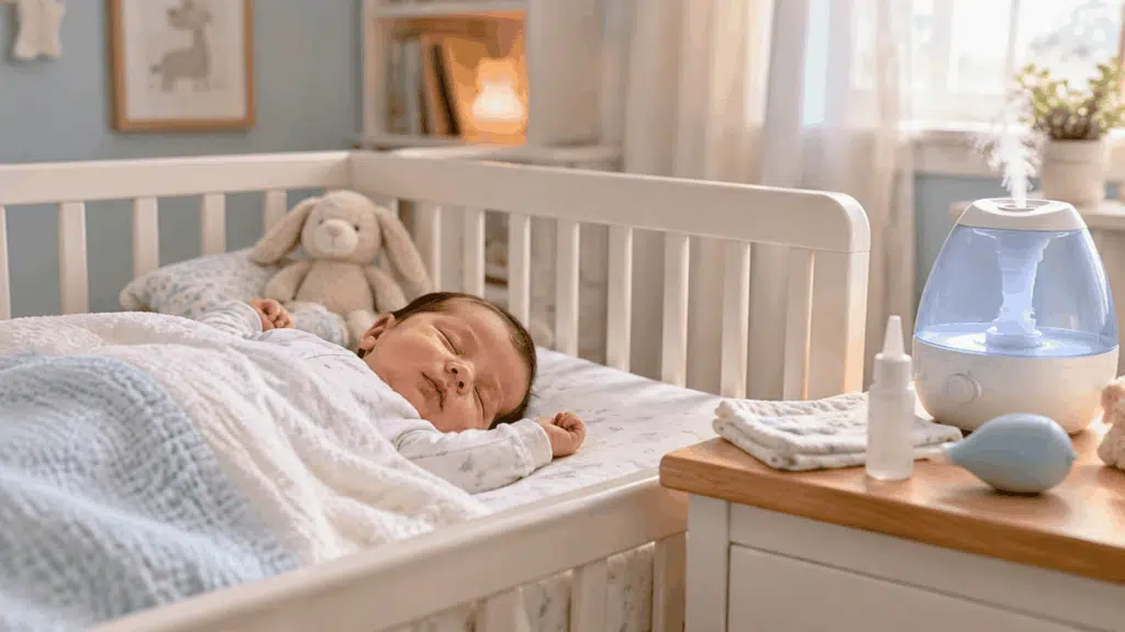Baby sleeping in crib with humidifier and nasal care items nearby.