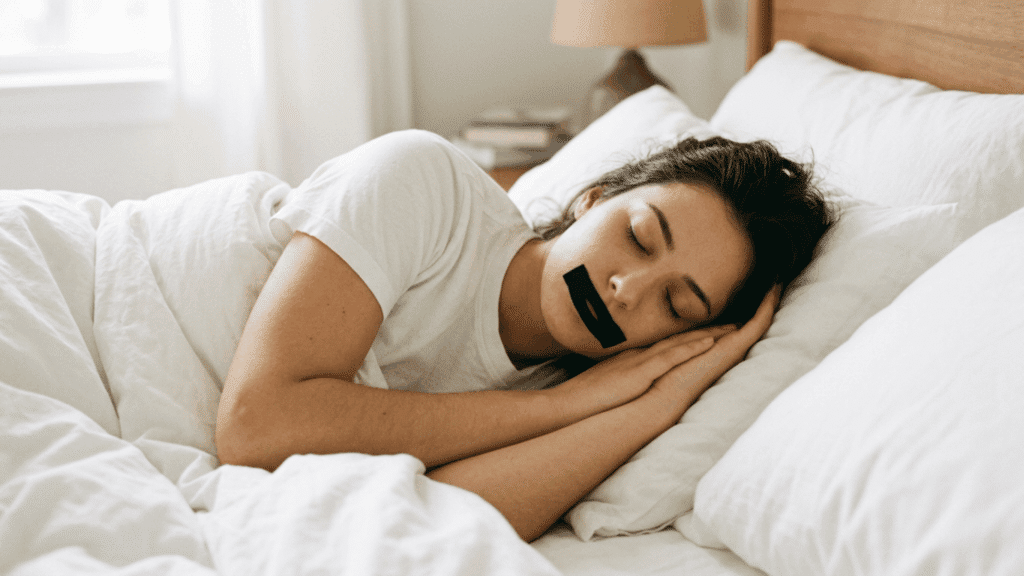 woman sleeping on her side with a black strip of mouth tape across her lips