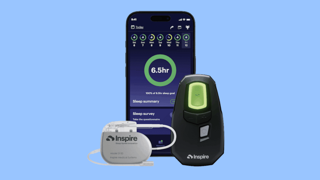 Inspire sleep apnea implant, remote, and mobile app displayed on a blue background