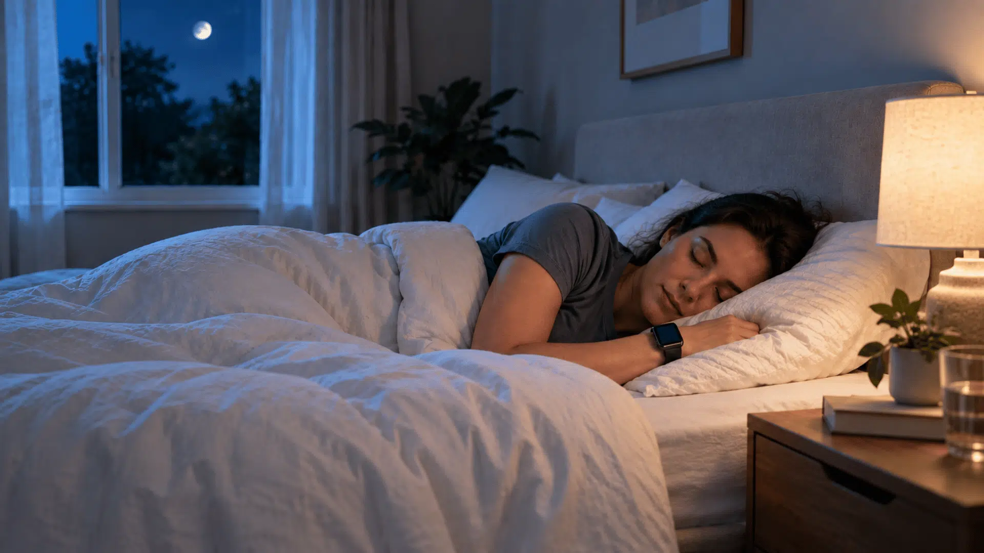 woman sleeping on her side at night while wearing a smartwatch to track hrv during sleep