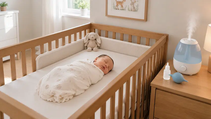 Baby sleeping in crib with humidifier and nasal care items on bedside table.