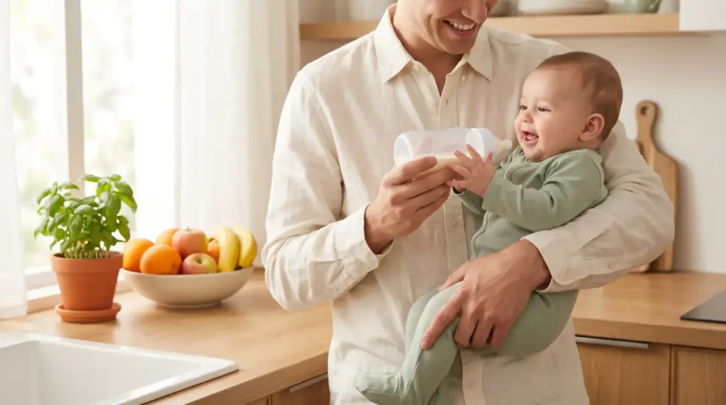 Father feeding baby with bottle in bright kitchen with fruit bowl and potted basil nearby