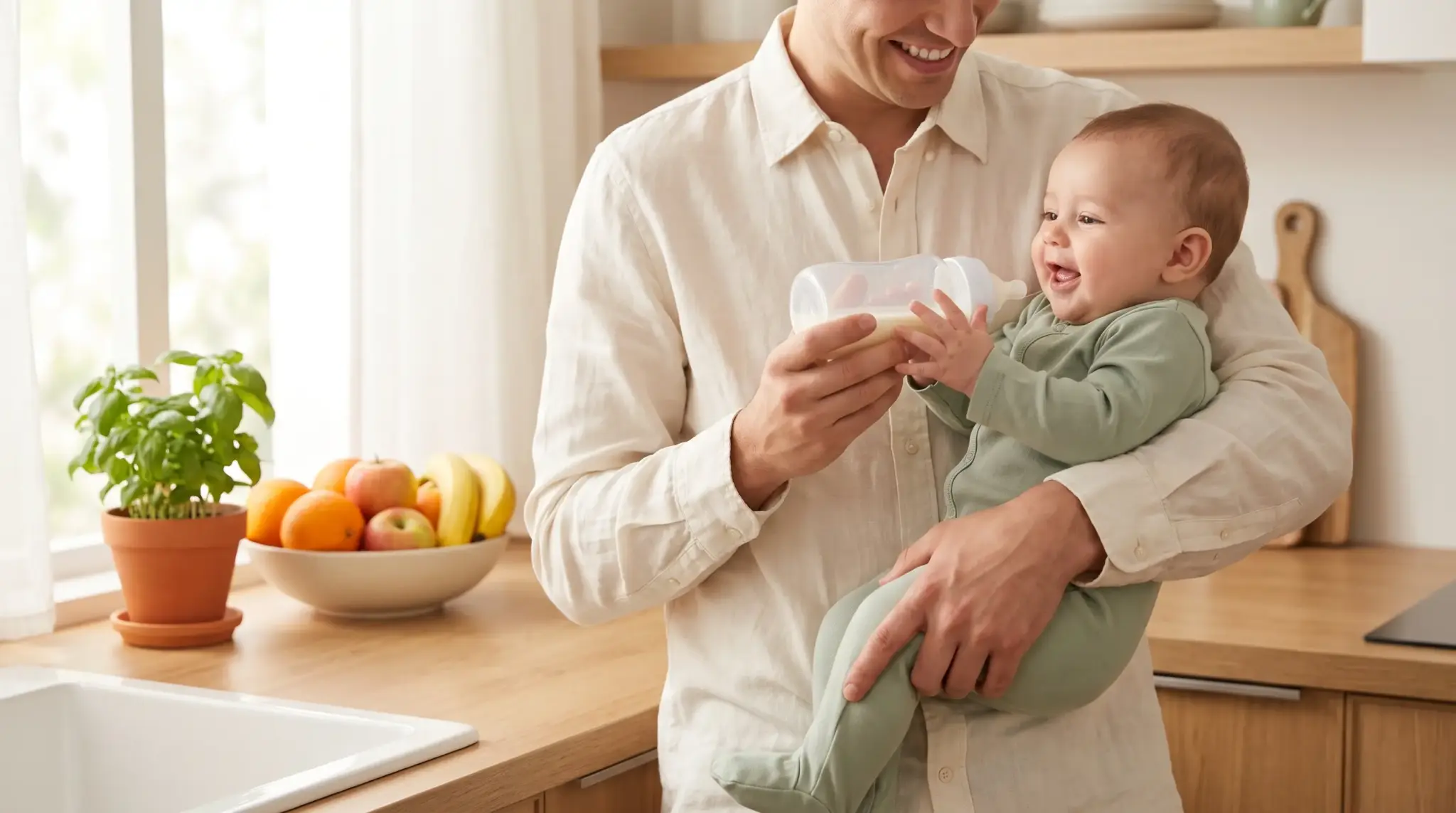 Father feeding baby with bottle in bright kitchen with fruit bowl and potted basil nearby