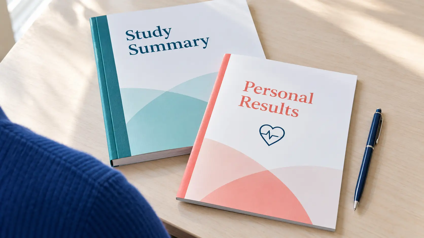 Two report booklets on light wooden desk with blue pen and person's blue sweater visible