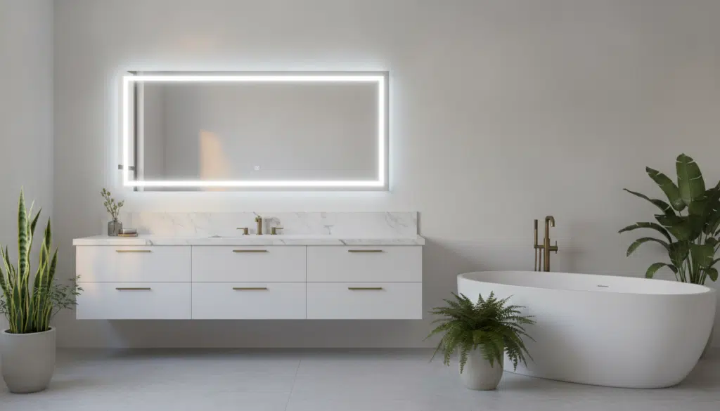 Modern bathroom with illuminated mirror, freestanding tub, and marble countertop, accented by lush houseplants