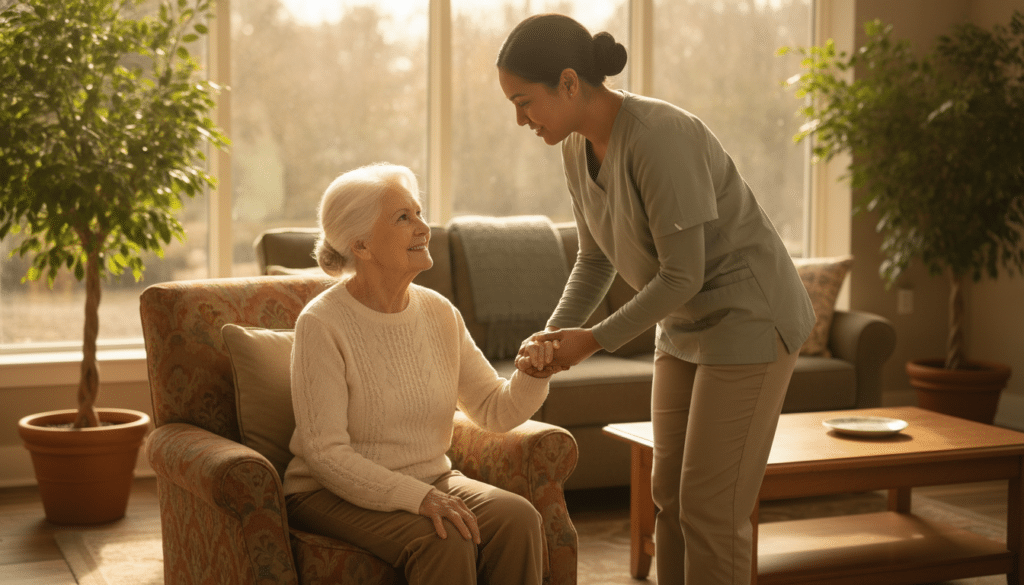 Elderly woman in armchair holding hands with caregiver in sunlit living room