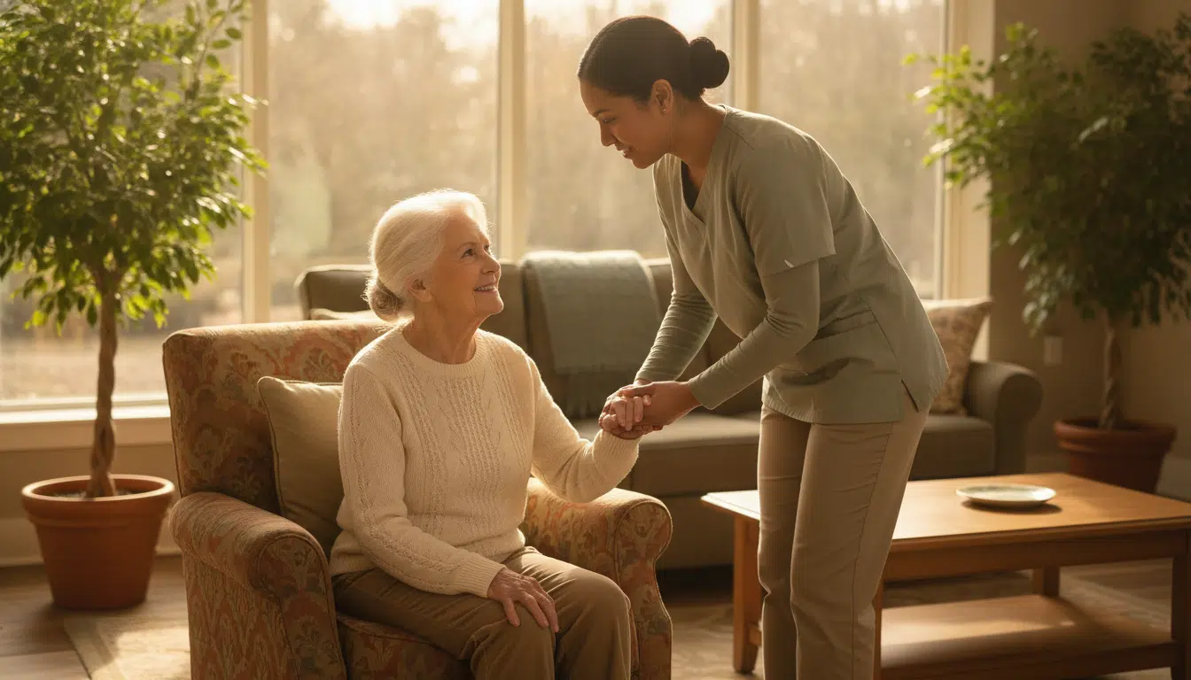 Elderly woman in armchair holding hands with caregiver in sunlit living room
