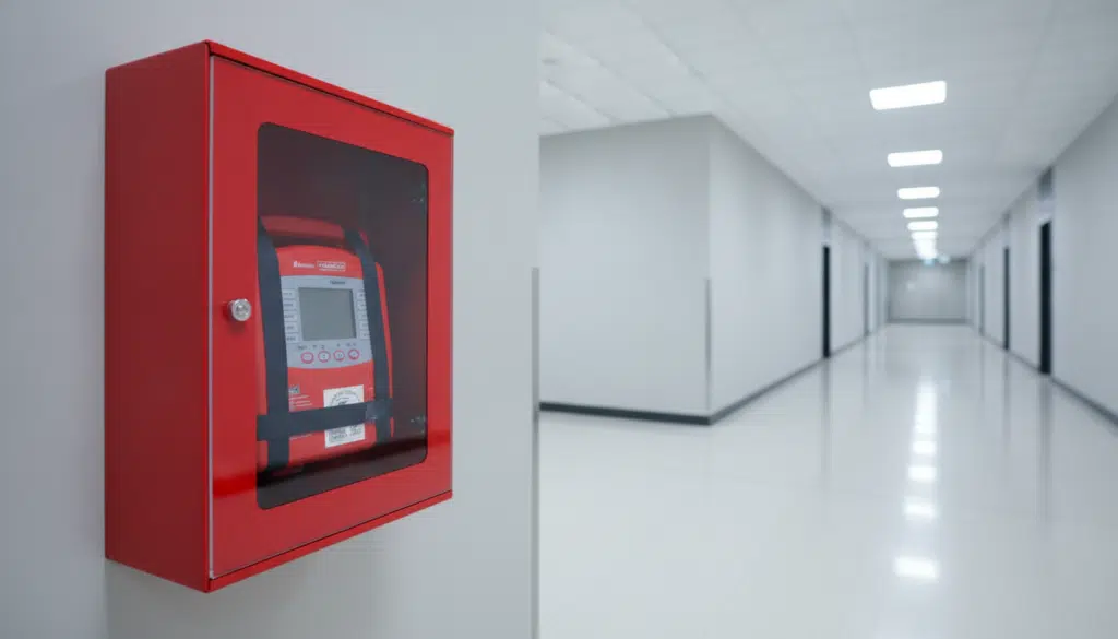 Red fire alarm box mounted on wall in empty, brightly lit hallway