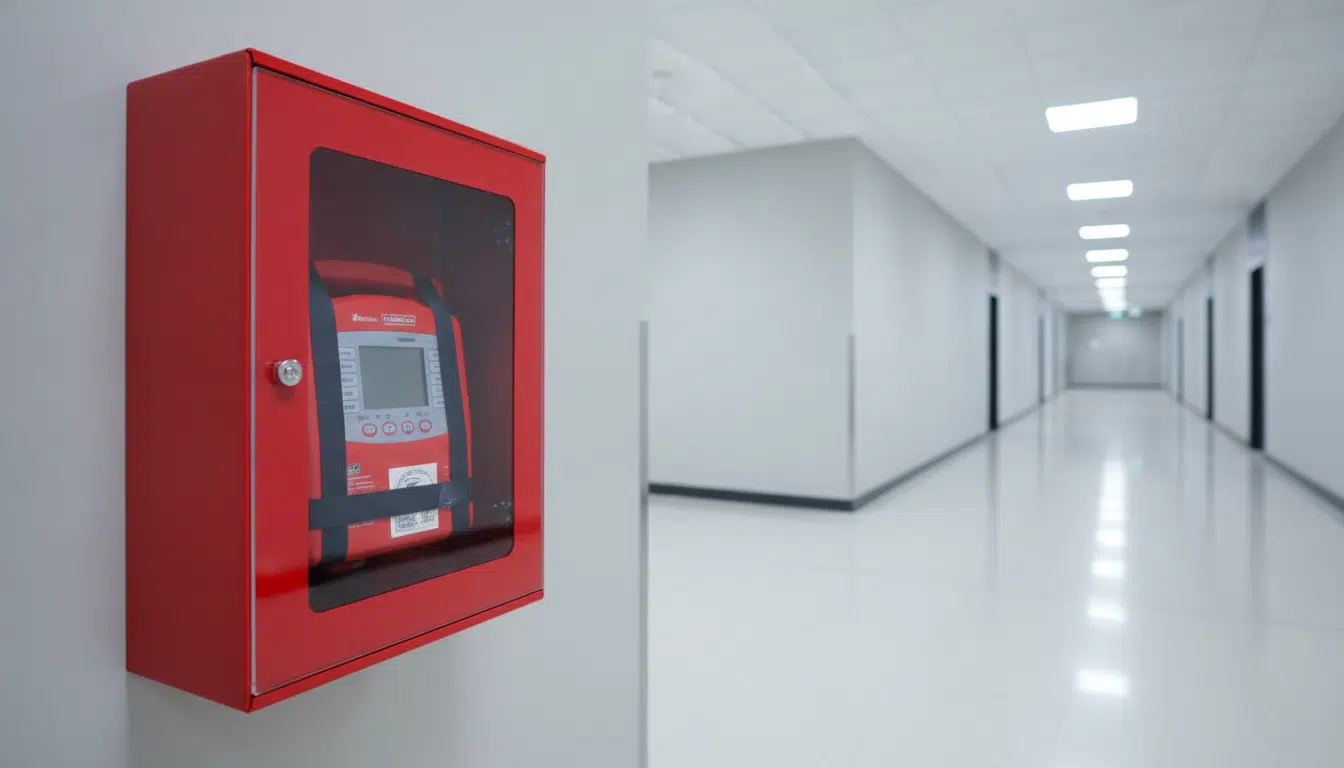 Red fire alarm box mounted on wall in empty, brightly lit hallway