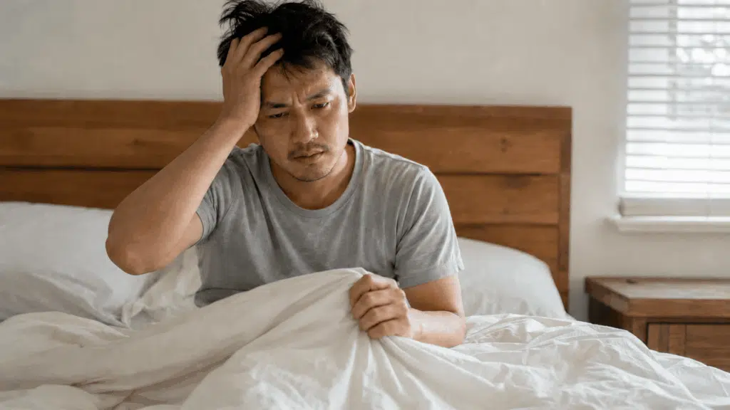 tired man sitting in bed gripping a blanket while experiencing mild morning shaking