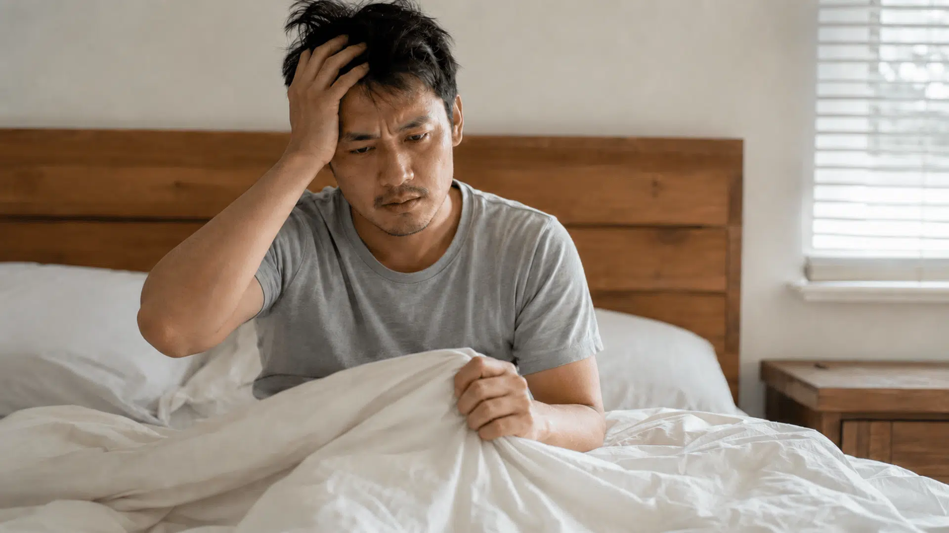 tired man sitting in bed gripping a blanket while experiencing mild morning shaking