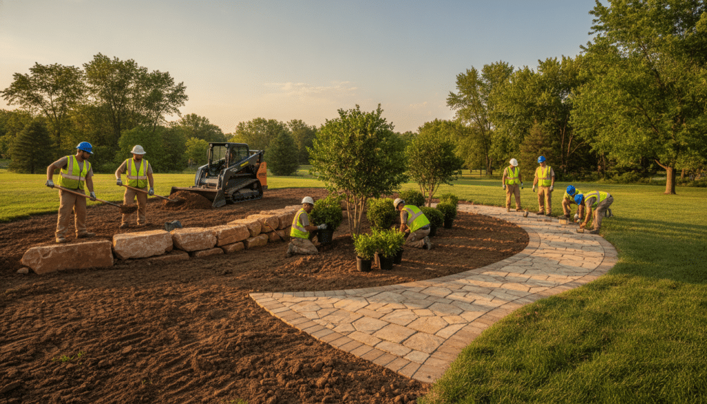 Landscapers constructing stone pathway and planting shrubs in sunny outdoor park setting