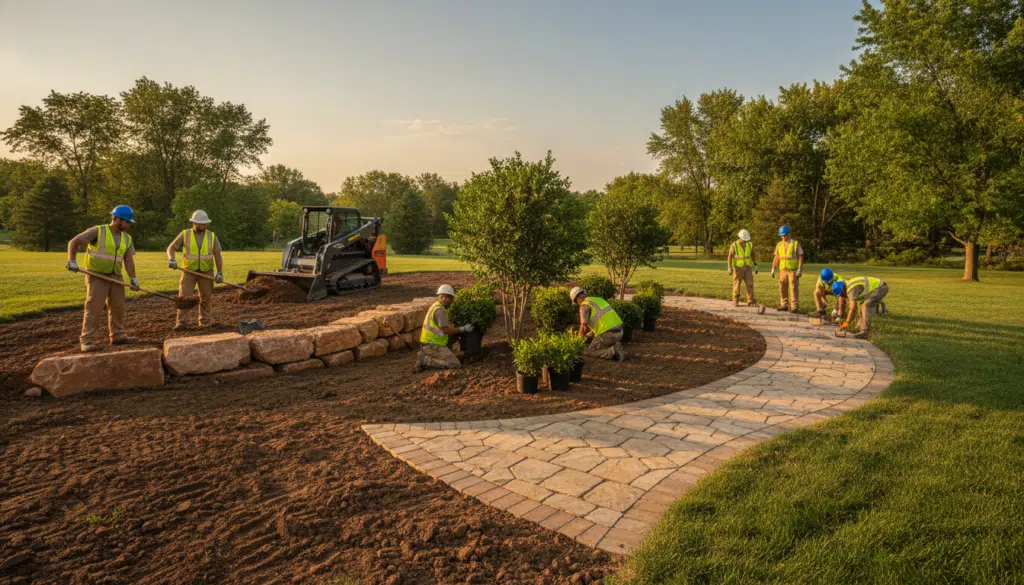 Landscapers constructing stone pathway and planting shrubs in sunny outdoor park setting