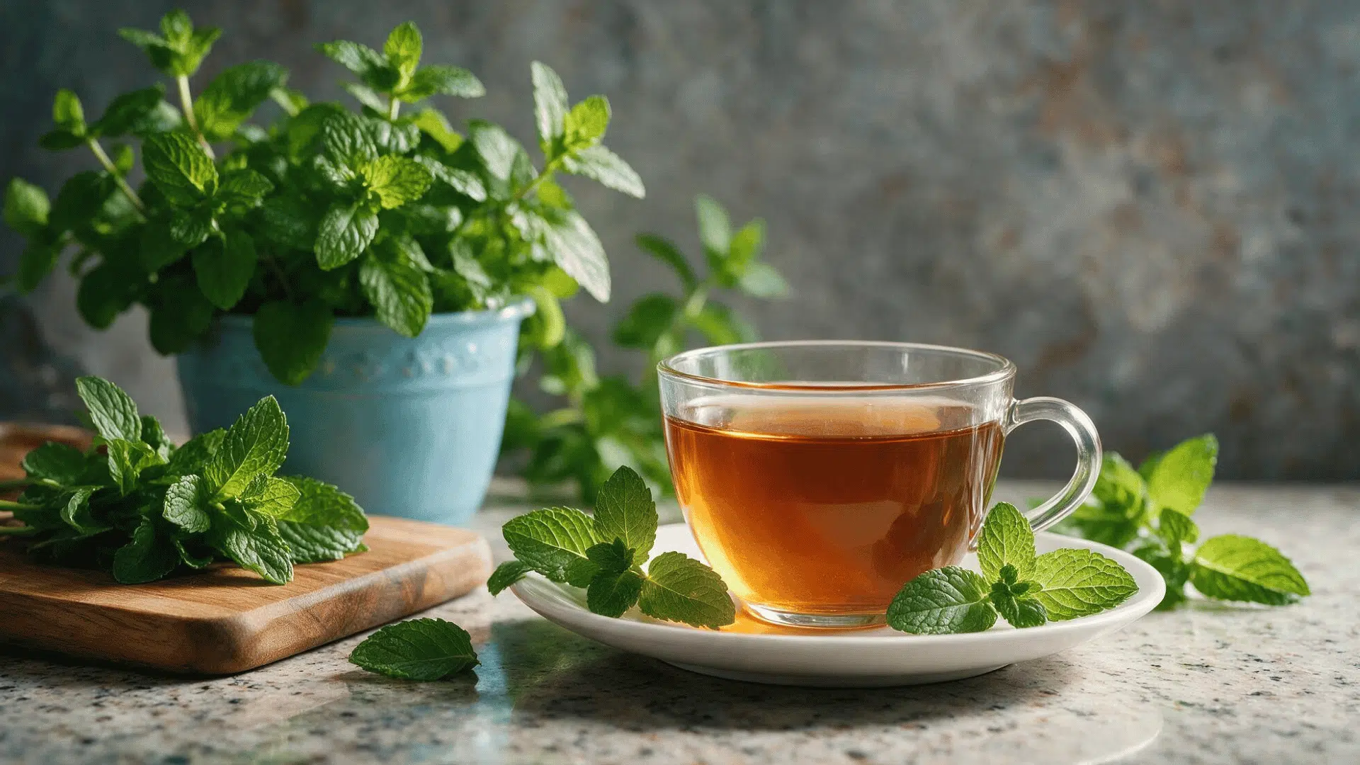 cup of peppermint tea surrounded by fresh mint leaves on a countertop