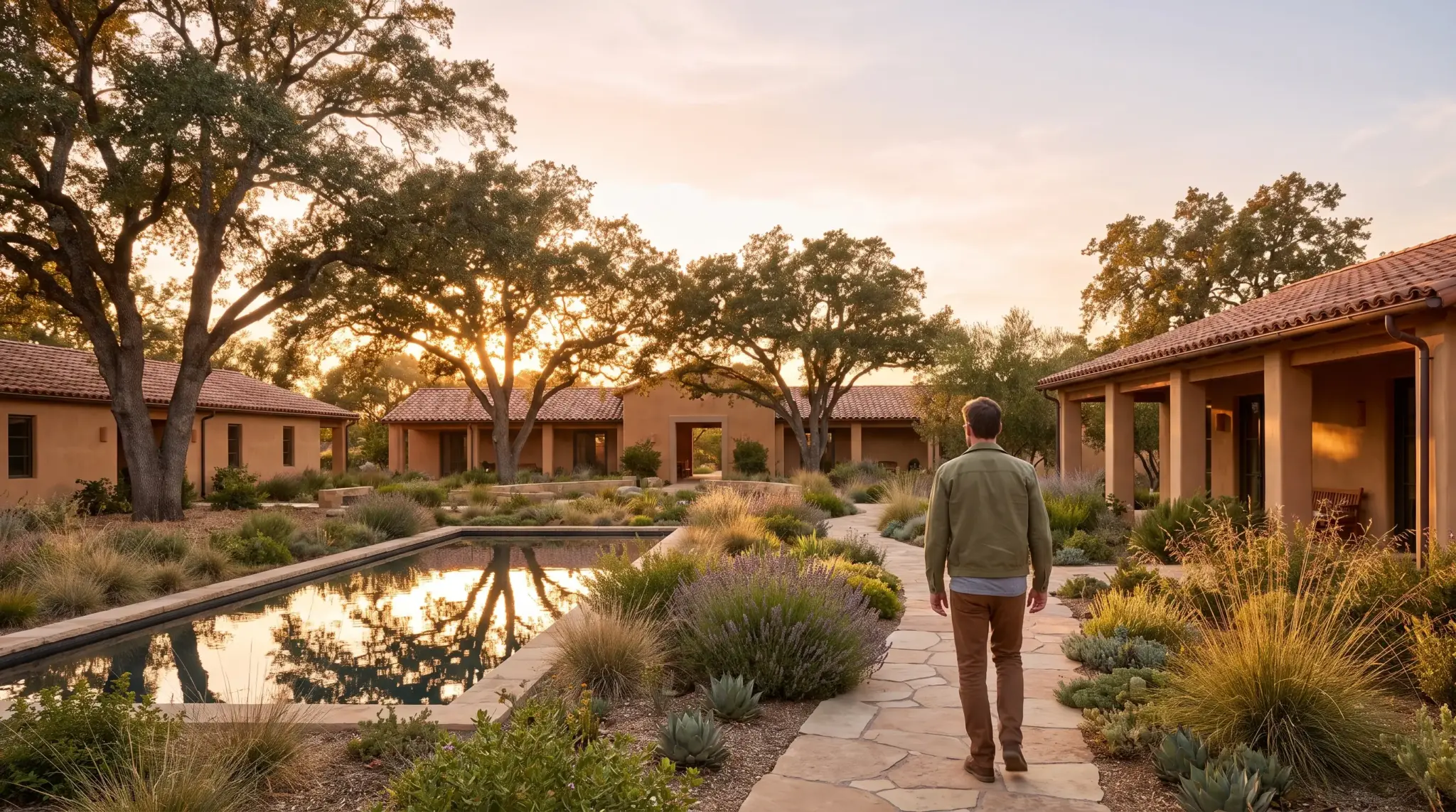 Person walking on stone path between desert garden and adobe-style buildings at sunset