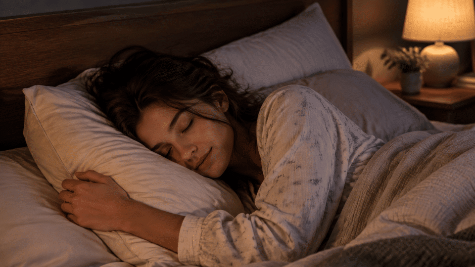 A woman sleeping peacefully at night while dreaming in a cozy warm bedroom.