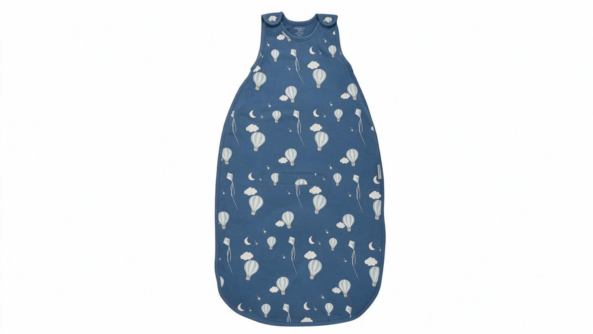 blue baby sleep bag with hot air balloon, kite, moon, and cloud print on white background