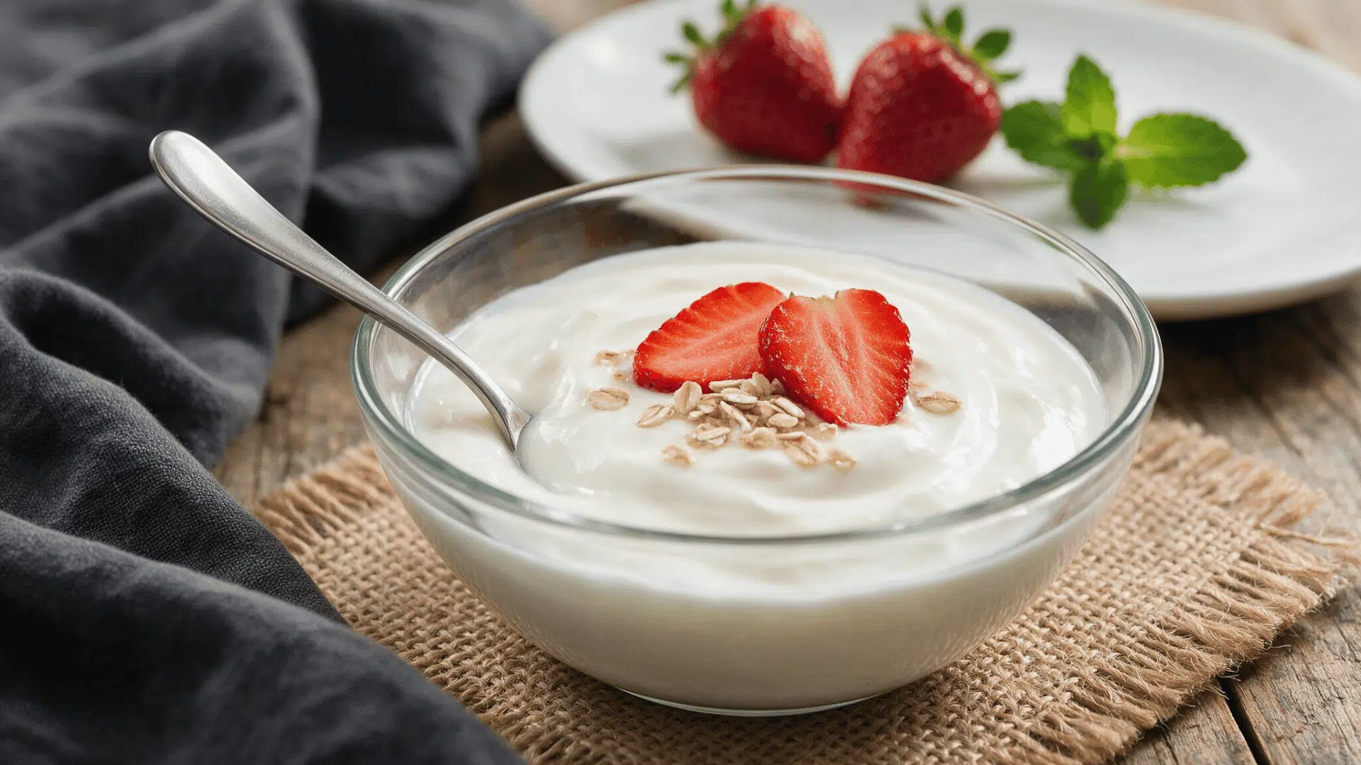 Bowl of plain yogurt topped with strawberries and oats on a wooden table