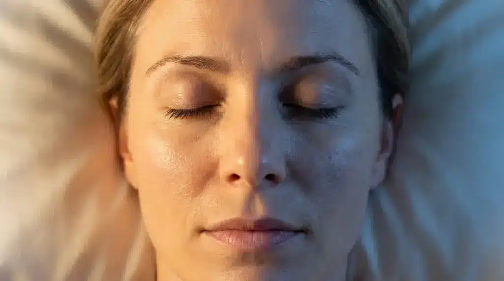 Close-up of person's face with eyes closed in soft morning light on pillow