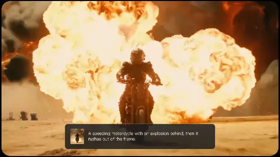 Motorcyclist in protective gear riding away from massive explosion in desert environment