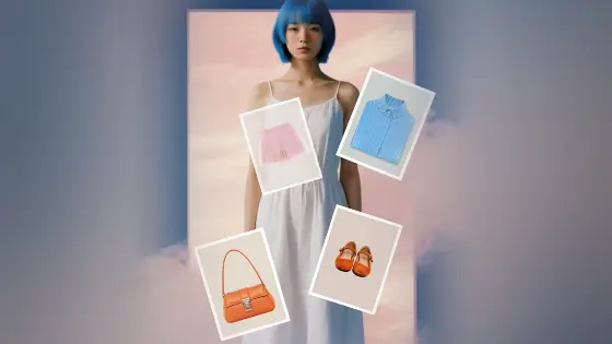 Model with blue hair in white dress against pink backdrop with fashion items overlayed