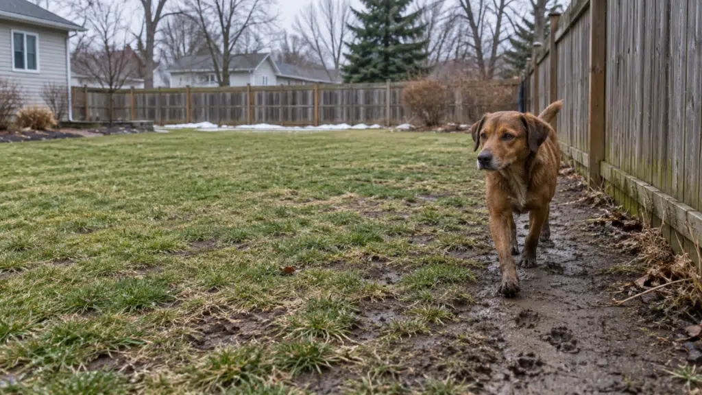 Brown dog walking on muddy path in fenced backyard with bare trees